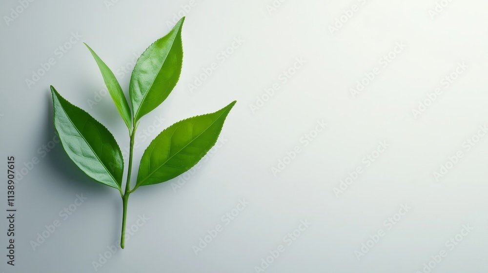 Delicate tea stem and leaves, isolated on a white background, with subtle shadow, crisp details ideal for health or organic brand promotions Delicate tea stem and leaves, isolated on a white background, with subtle shadow, crisp details ideal for health or organic brand promotions