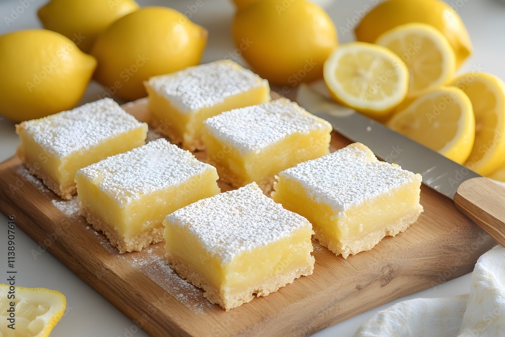 A platter of lemon bars dusted with powdered sugar, surrounded by fresh lemons. A platter of lemon bars dusted with powdered sugar, surrounded by fresh lemons.