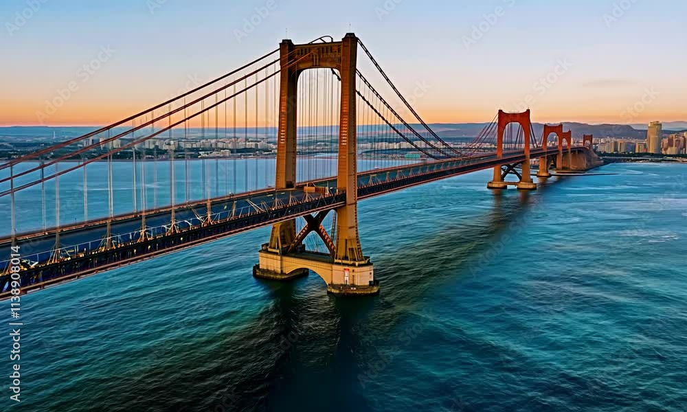 A scenic view of a suspension bridge over calm waters at sunset. A scenic view of a suspension bridge over calm waters at sunset.
