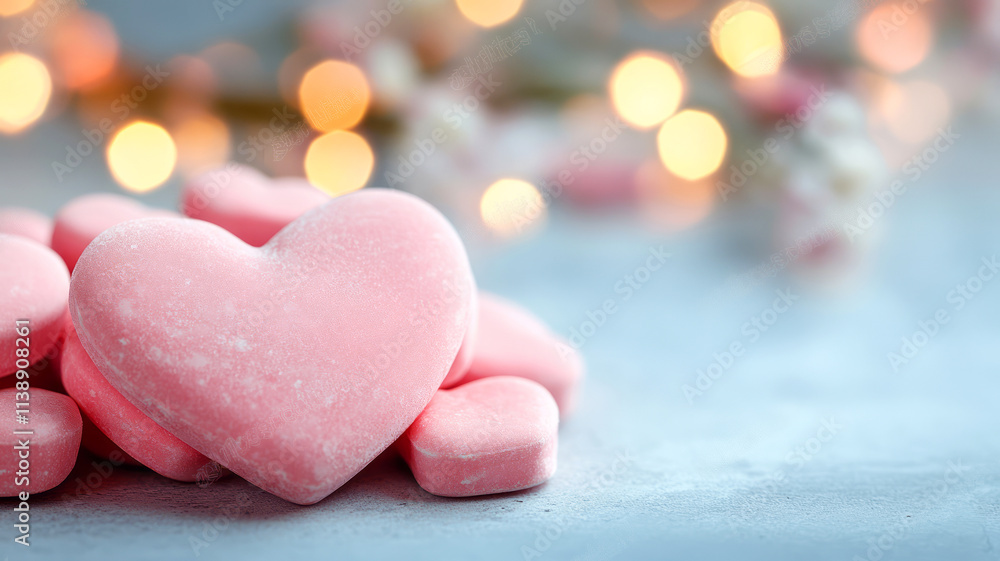Pink Heart-Shaped Candy on Surface with Soft Background and Blurred Lights for Romantic Themes Pink Heart-Shaped Candy on Surface with Soft Background and Blurred Lights for Romantic Themes