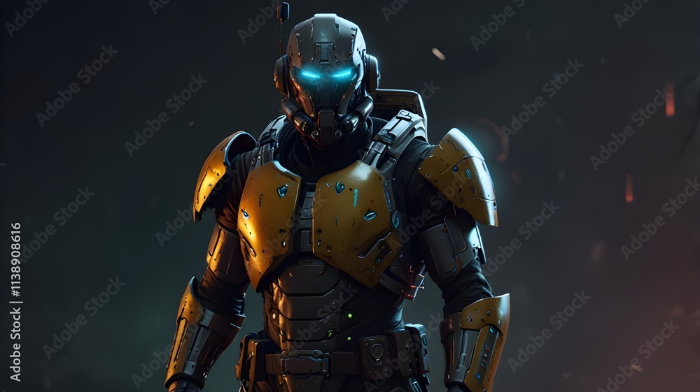 A cybernetic bounty hunter with glowing eyes A cybernetic bounty hunter with glowing eyes