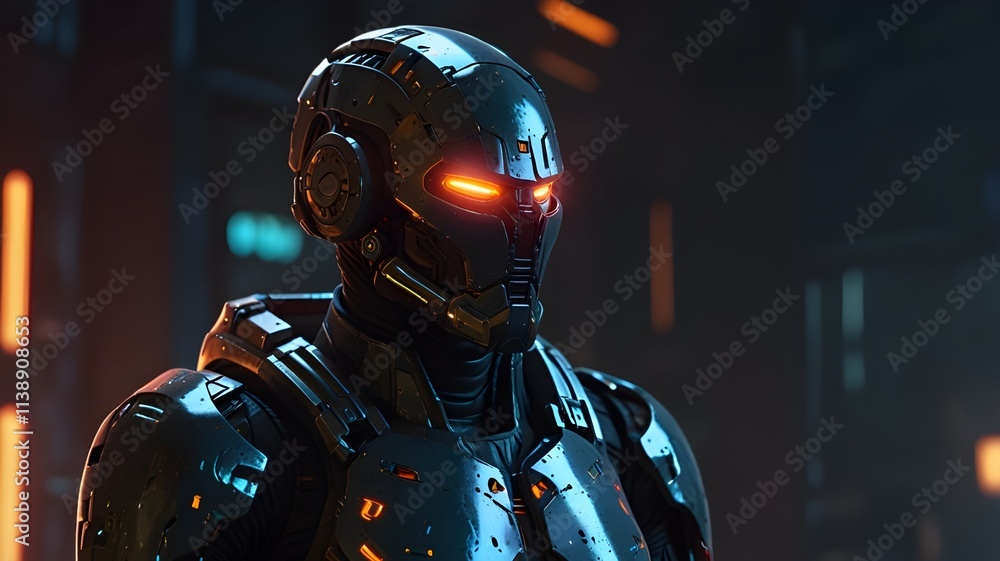 A cybernetic bounty hunter with glowing eyes A cybernetic bounty hunter with glowing eyes