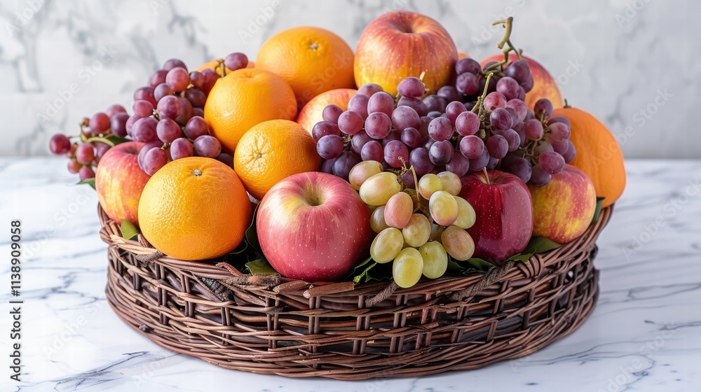Fruit-filled gift basket with fresh apples, oranges, and grapes, arranged on a white background to showcase vibrant, healthy options . Fruit-filled gift basket with fresh apples, oranges, and grapes, arranged on a white background to showcase vibrant, healthy options .