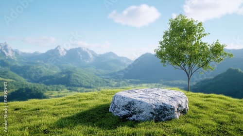 Serene landscape featuring a stone and a tree against mountains.