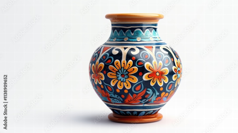 Hand-painted ceramic vase with intricate floral patterns in bright colors, isolated on a white background to highlight its artistry . Hand-painted ceramic vase with intricate floral patterns in bright colors, isolated on a white background to highlight its artistry .