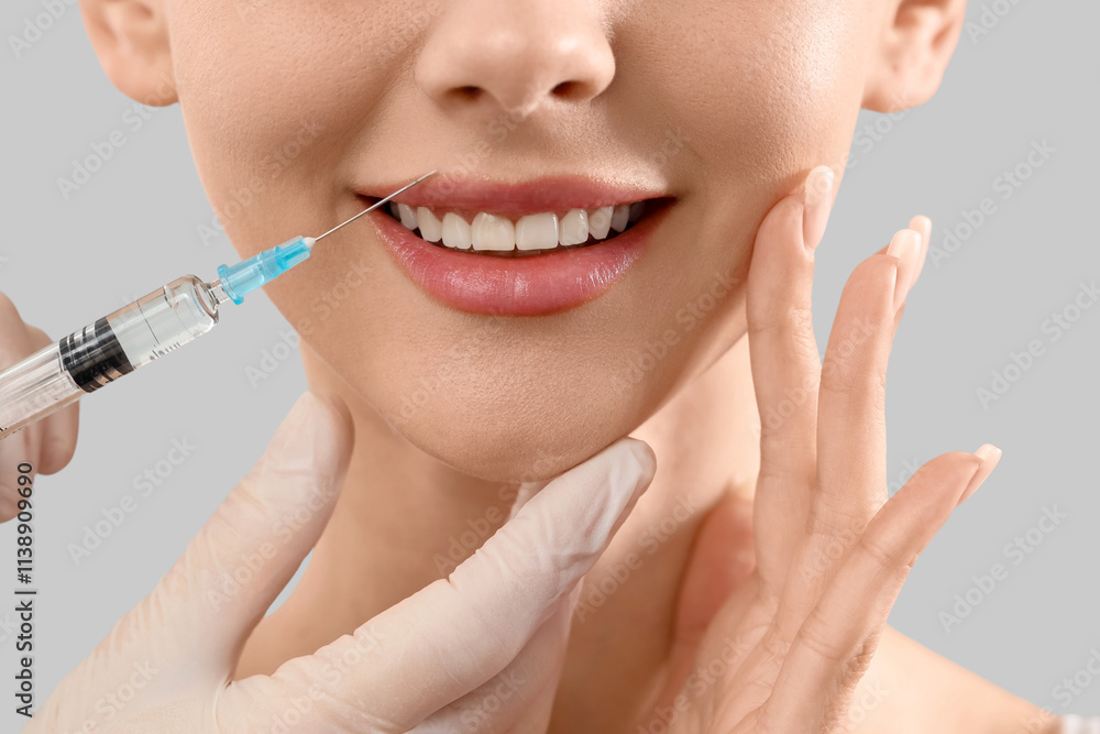 Young girl receiving filler injection in lips on grey background, closeup Young girl receiving filler injection in lips on grey background, closeup