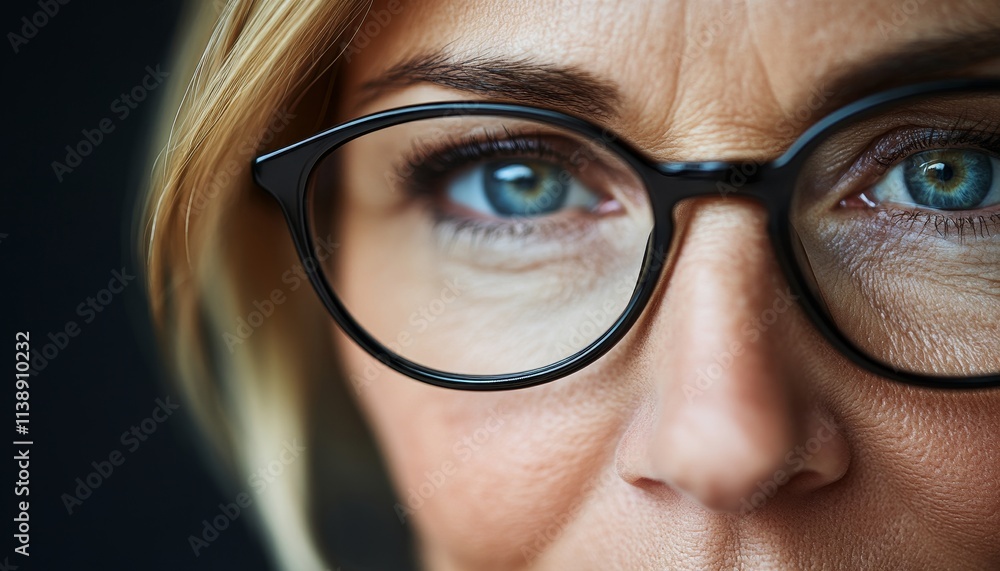 Close Up on Eyeglasses of Mature Woman Showing Detail and Wrinkles, Portrait Photography Close Up on Eyeglasses of Mature Woman Showing Detail and Wrinkles, Portrait Photography
