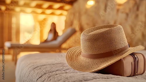 Luggage with summer hat on bed in trendy hostel, smiling tourist woman blurred in background, warm tones photo