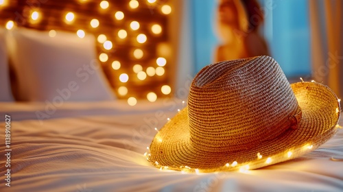 Luggage with summer hat on bed in trendy hostel, smiling tourist woman blurred in background, warm tones photo