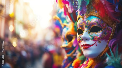 A vibrant Carnival scene with colorful masks and festive parade floats against a lively city street backdrop, macro shot, Minimalist style