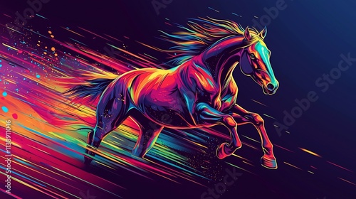 Vibrant colorful horse in motion, dynamic speed lines. photo