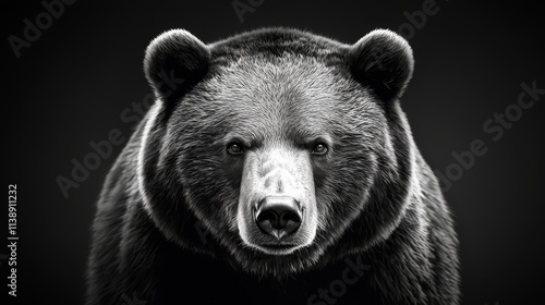 Intense black-and-white portrait of a Kamchatka brown bear, front view, with piercing gaze, isolated on a deep black background, dramatic predator style photo