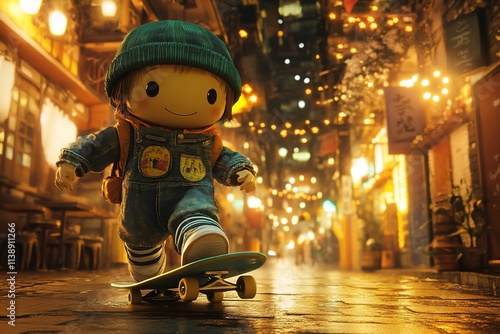 Wallpaper Mural Child skateboarding down a vibrant, illuminated city street at night. Torontodigital.ca