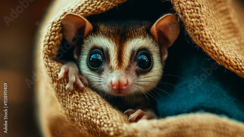 Curious Sugar Glider Peeking Out from Cozy Fabric Hideaway with Big Bright Eyes