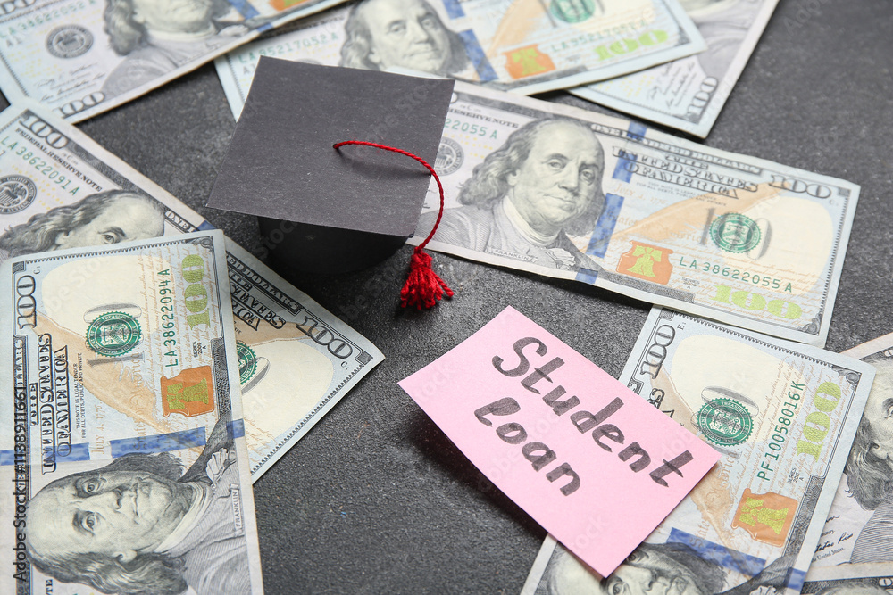 Paper sheet with text STUDENT LOAN, dollar banknotes and small graduation hat on dark background Paper sheet with text STUDENT LOAN, dollar banknotes and small graduation hat on dark background