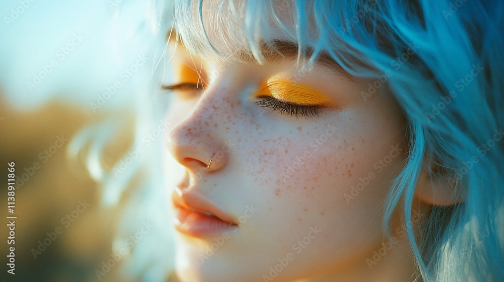 Close-up of a young woman with freckles and vibrant blue hair, soft focus, serene expression, golden sunset light highlighting her features. Close-up of a young woman with freckles and vibrant blue hair, soft focus, serene expression, golden sunset light highlighting her features.