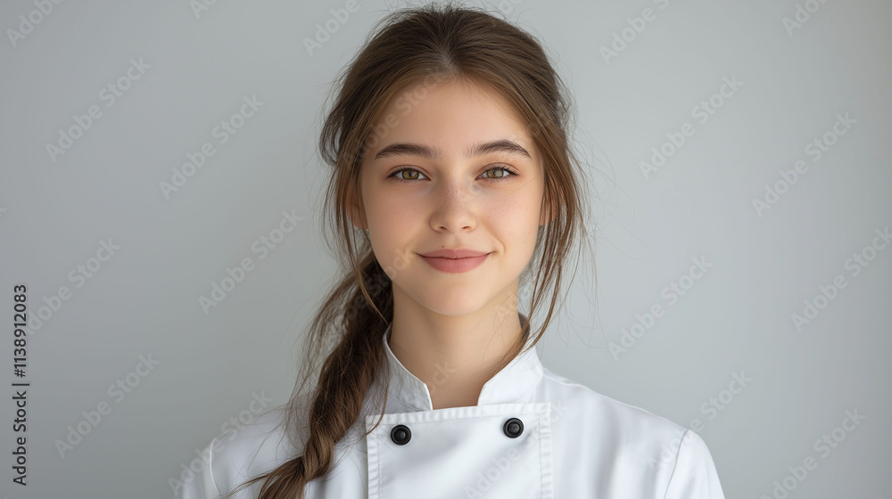 Young female chef with small smile on white background Young female chef with small smile on white background