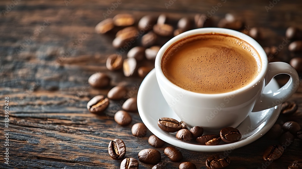 Espresso Coffee in a White Cup. Concept of Morning Brew, Energy, and Relaxation. Espresso Coffee in a White Cup. Concept of Morning Brew, Energy, and Relaxation.