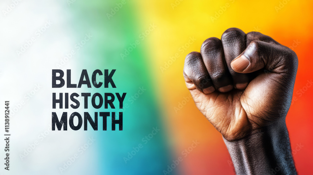 Fototapeta premium Powerful Black History Month Celebration with Fist Raised Against Colorful Background