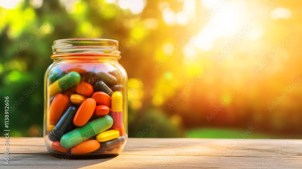 Vibrant Glass Jar Filled with Colorful Capsules Against a Natural Background at Sunrise Vibrant Glass Jar Filled with Colorful Capsules Against a Natural Background at Sunrise