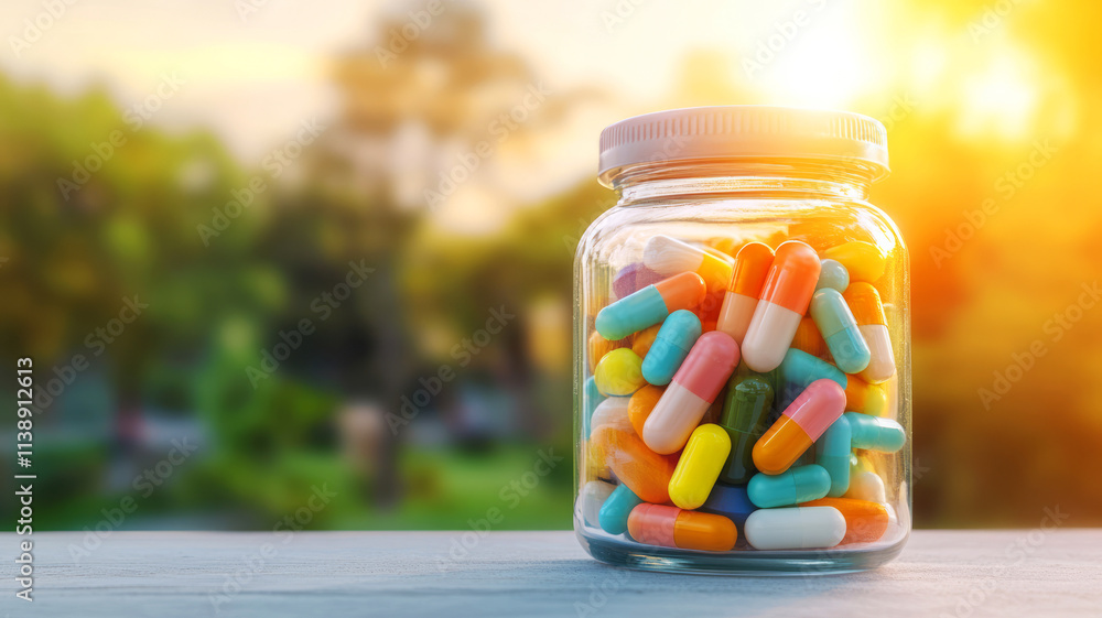 Colorful capsules and pills in glass jar with sunset background in natural outdoor setting Colorful capsules and pills in glass jar with sunset background in natural outdoor setting