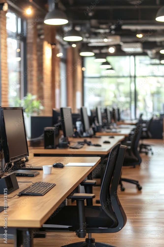 Modern Open Plan Office Interior with Natural Light, Long Desks, and Ergonomic Chairs Modern Open Plan Office Interior with Natural Light, Long Desks, and Ergonomic Chairs