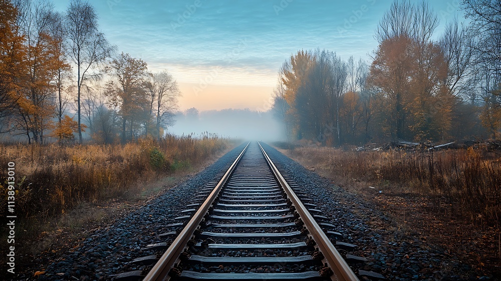 Fototapeta premium Misty Railroad Tracks Through Autumn Forest. Concept of Journey, Destination, and Tranquility.