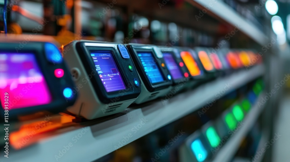 Naklejka premium An array of interconnected devices on a factory shelf powered by IoT technology each displaying status updates and performance metrics in colorful screens.