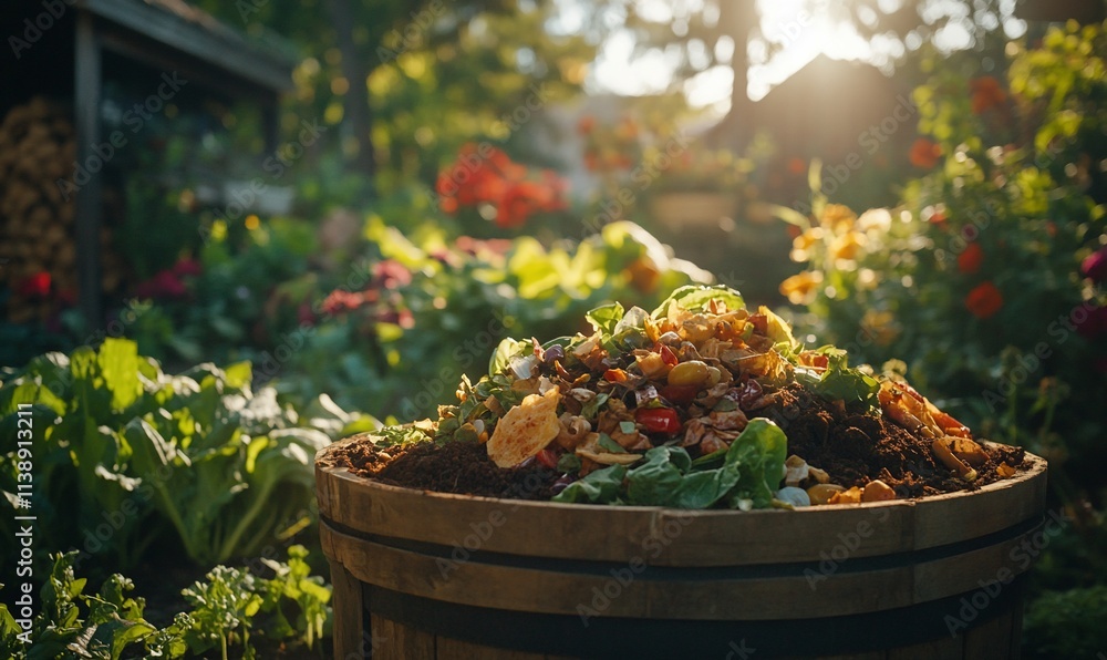 Compost bin filled with food scraps in garden. Compost bin filled with food scraps in garden.