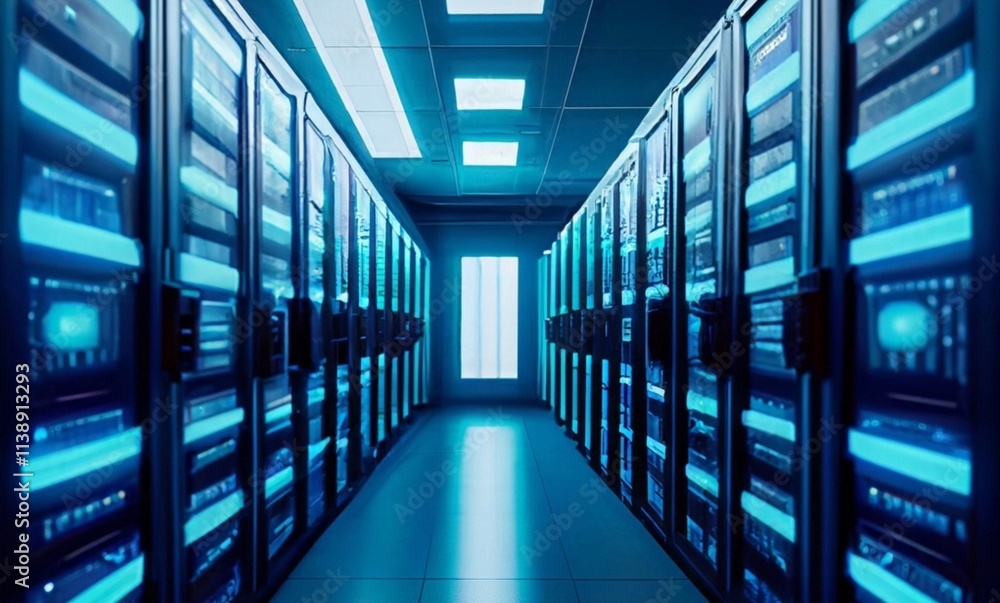 Fototapeta premium Data centers filled with rows and rows of servers as blinking light indicate constant processing, high detail, cinematic angle composition