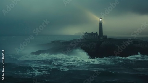 a lighthouse standing tall amidst a raging storm, on a small island. The lighthouse's strong bright, warm light cuts through the dark, foreboding atmosphere, its beam piercing the veil of mist.