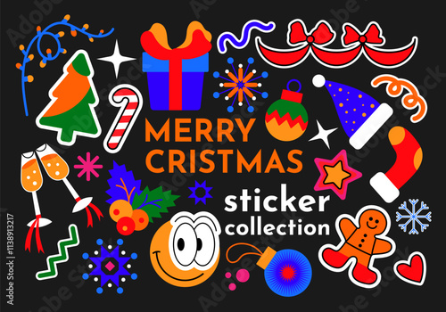 Wallpaper Mural Colorful vector set of New Year stickers and decals for decoration and design. Christmas, new year stickers in cartoon style. Holiday gifts, santa, christmas tree, coziness, retro groovy style. Torontodigital.ca
