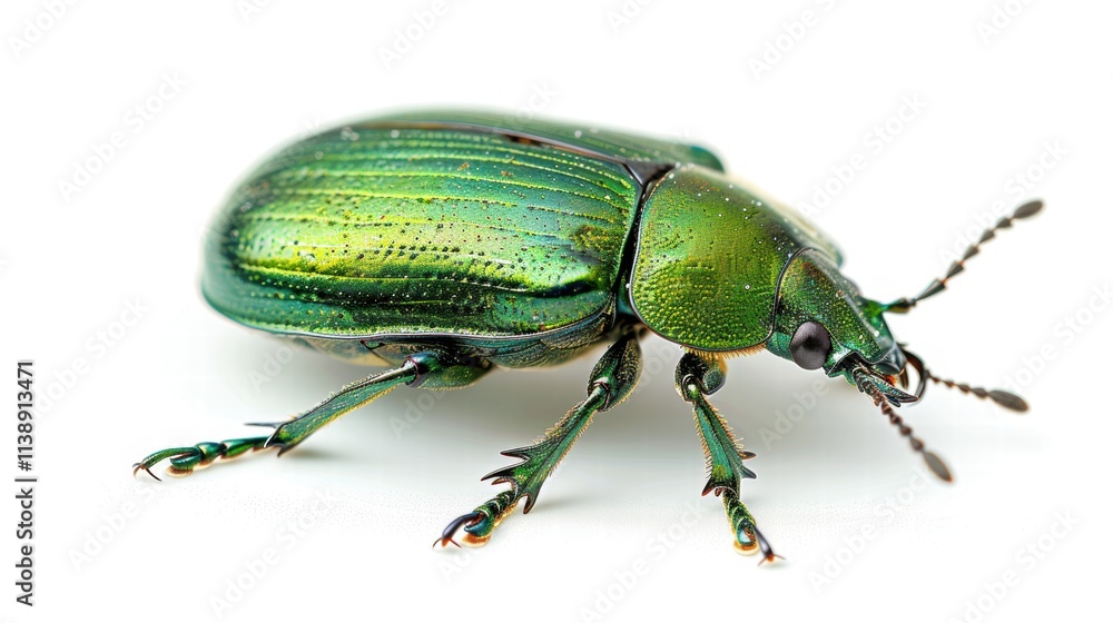 Jewel-like green beetle with a metallic sheen, isolated on a white background to emphasize its glossy, eye-catching color . Jewel-like green beetle with a metallic sheen, isolated on a white background to emphasize its glossy, eye-catching color .