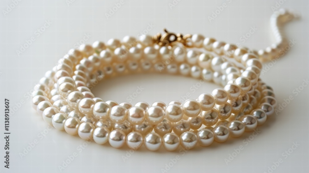 Layered pearl necklace with a soft shine, elegantly coiled on a white background for a classic and sophisticated appeal . Layered pearl necklace with a soft shine, elegantly coiled on a white background for a classic and sophisticated appeal .