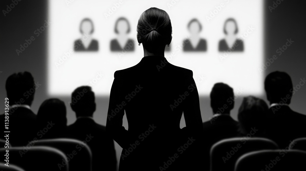 Business goal setting and strategic planning. A silhouette of a woman stands before a projection screen displaying images, while an audience observes attentively in a dimly lit room. Business goal setting and strategic planning. A silhouette of a woman stands before a projection screen displaying images, while an audience observes attentively in a dimly lit room.