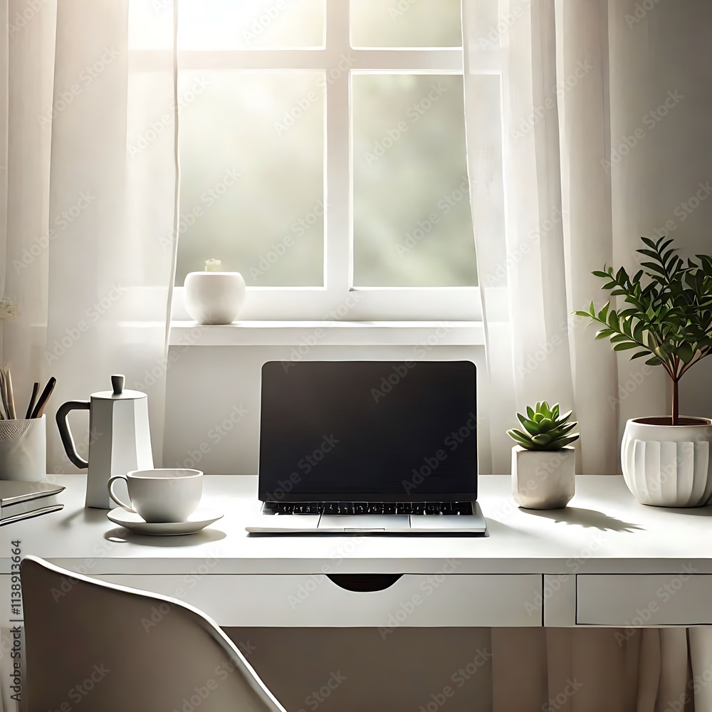 serene white desk with a minimalist aesthetic, featuring a sleek laptop, a small potted plant, a cup of coffee, and soft natural lighting coming through a window serene white desk with a minimalist aesthetic, featuring a sleek laptop, a small potted plant, a cup of coffee, and soft natural lighting coming through a window