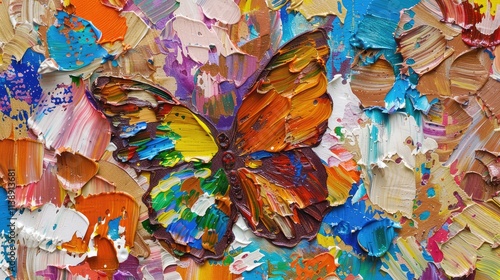 abstract rough brown butterfly and border colorful multicolored organic floral spring flowers, art painting texture, with oil acrylic brushstroke, pallet knife paint on canvas wallpaper, vertical