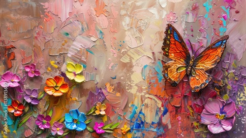 abstract rough brown butterfly and border colorful multicolored organic floral spring flowers, art painting texture, with oil acrylic brushstroke, pallet knife paint on canvas wallpaper photo