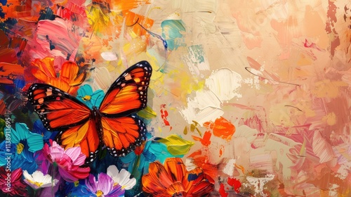 abstract rough brown butterfly and border colorful multicolored organic floral spring flowers, art painting texture, with oil acrylic brushstroke, pallet knife paint on canvas wallpaper