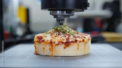 Fototapeta Naklejka Na Ścianę i Meble -  3D Food Printing Technology Creating a Delicious Pizza from Scratch, Layer by Layer.
