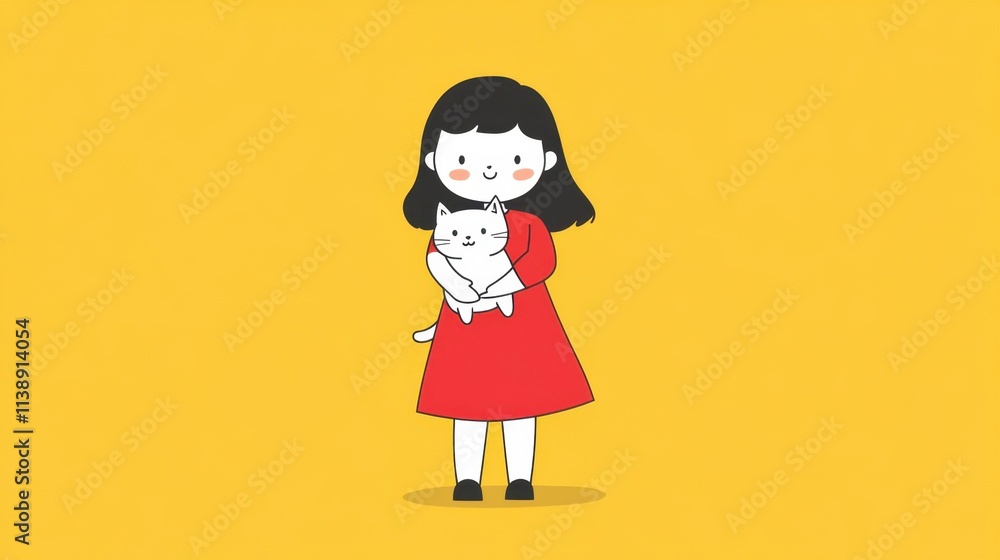 Fototapeta premium Smiling Girl in Red Dress Holding White Cat - Cute Child Illustration