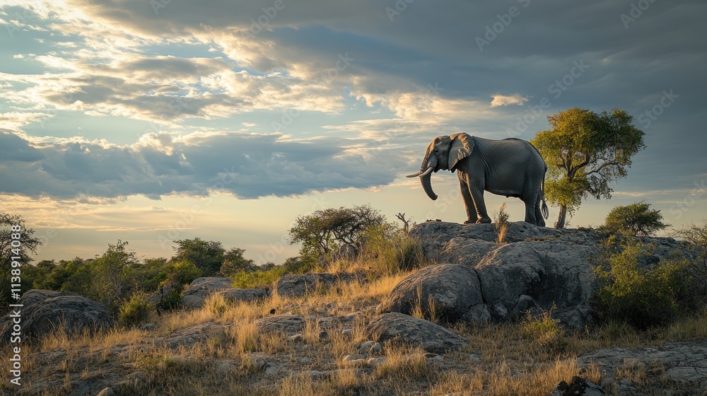 Naklejka premium Elephant stands on rocky hill at dusk.