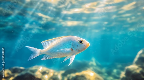 White Fish Underwater. Sunlight Underwater. Marine Life.