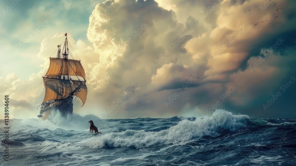 Obraz premium Columbus's day. Oil painting of Columbus's ship battling a fierce storm at sea. poster, cinematic, illustration, painting, wildlife photography
