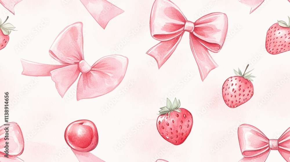 Watercolor Pink Bows, Strawberries, and Cherries Seamless Pattern - Delicate Girly Design