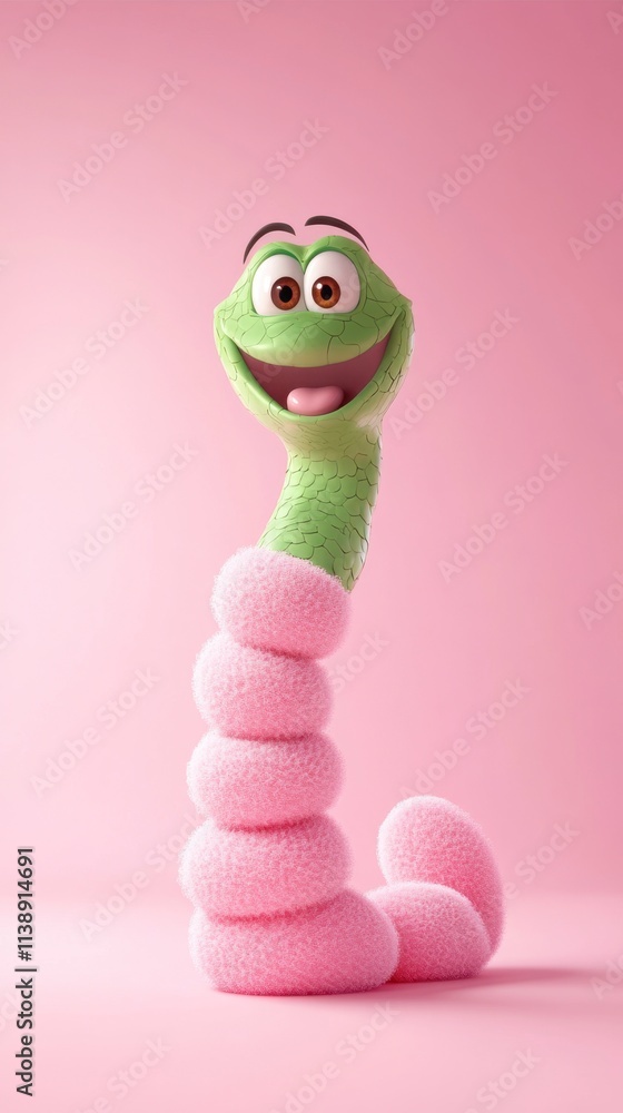 Fototapeta premium Happy Green Snake in Pink Fuzzy Socks - Cute Cartoon Character
