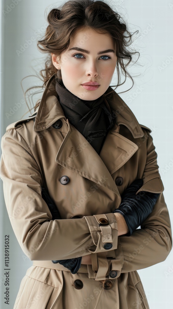 Model in a classic, tailored trench coat with leather gloves, posed elegantly on a white background to evoke timeless luxury . Model in a classic, tailored trench coat with leather gloves, posed elegantly on a white background to evoke timeless luxury .