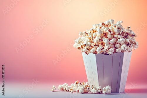 A Large White Bucket Overflowing with Freshly Popped Popcorn Against a Soft Gradient Background of Orange and Pink, Perfect for Movie Night and Snack Themes photo