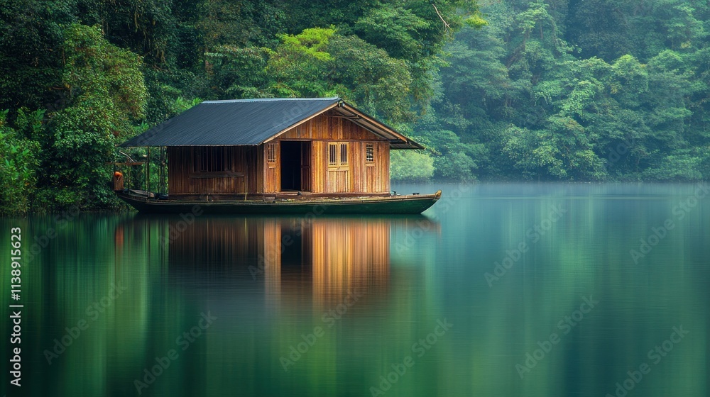 Wooden cabin on tranquil lake reflecting trees. Wooden cabin on tranquil lake reflecting trees.