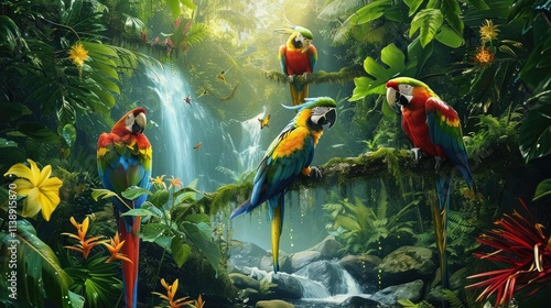 Rainforest, colorful exotic birds such as macaws and cockatoos and bright flowers, lush green trees and foliage, stream with waterfalls and mist
